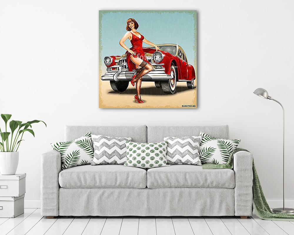 Pin-up girl and retro car isolated on vintage background	 (vászonkép) - vászonkép, falikép otthonra és irodába