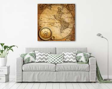 Antik világtérkép, iránytűvel (vászonkép) - vászonkép, falikép otthonra és irodába
