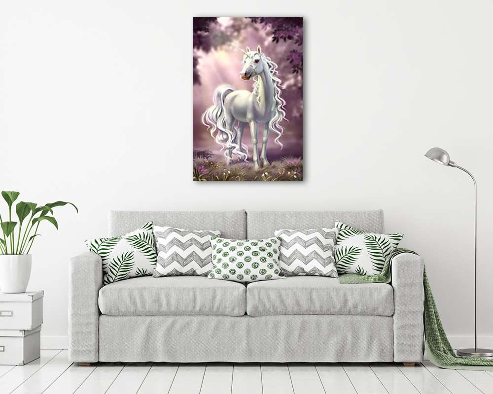 Fehér unikornis - lila verzió (keretezett kép) - vászonkép, falikép otthonra és irodába