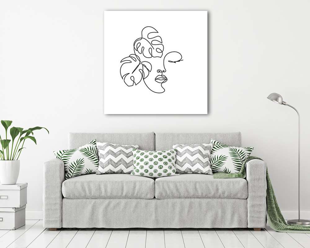 Női arc és trópusi levelek (vonalrajz, line art) (többrészes kép) - vászonkép, falikép otthonra és irodába