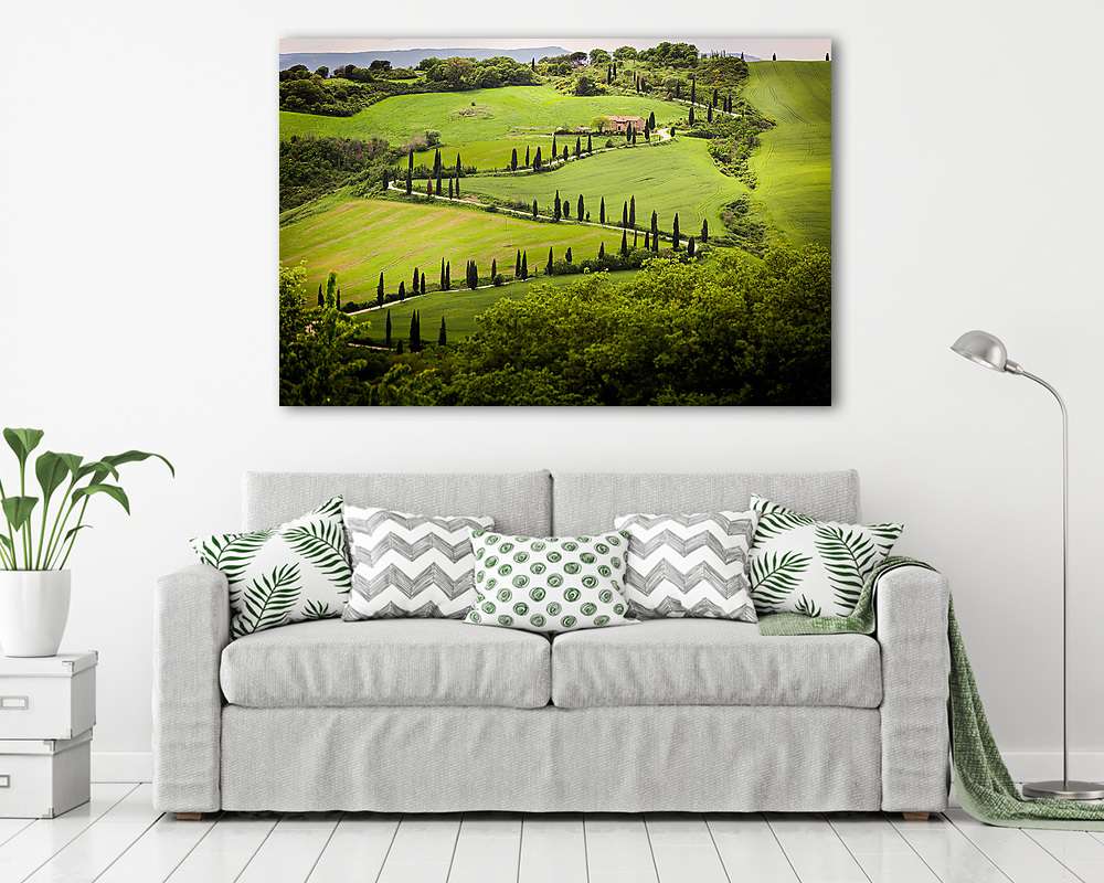 Toszkána, a ciprusút a gyönyörű zöld dombok, Olaszország (bögre) - vászonkép, falikép otthonra és irodába