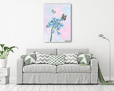 Watercolor Butterflies with a bunch on blue flowers. (vászonkép) - vászonkép, falikép otthonra és irodába