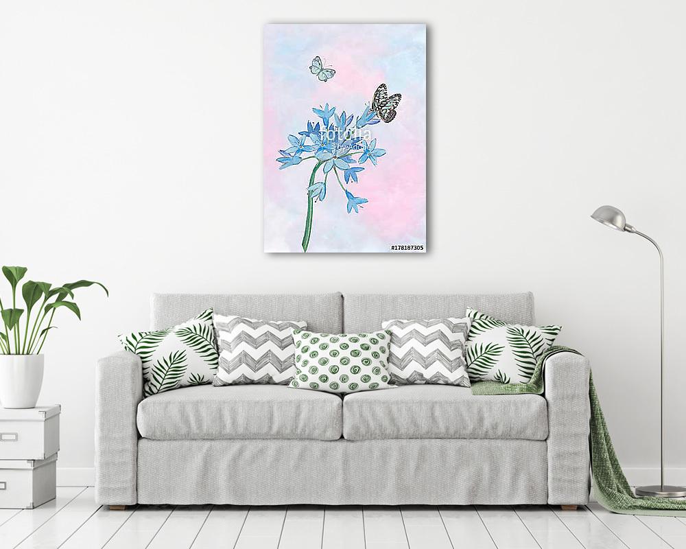 Watercolor Butterflies with a bunch on blue flowers. (vászonkép) - vászonkép, falikép otthonra és irodába