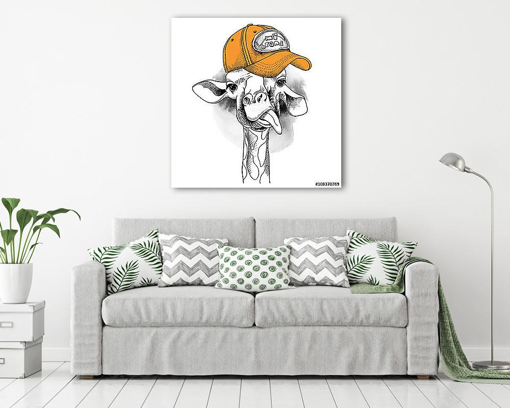 Image Portrait of a giraffe in a cap. Vector illustration. - vászonkép, falikép vásárlás Image Portrait of a giraffe in a cap. Vector illustration. (vászonkép) - vászonkép, falikép otthonra és irodába