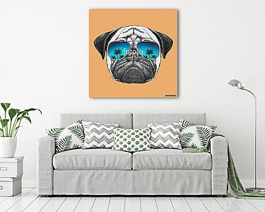 Hand drawn portrait of Pug Dog with mirror sunglasses. Vector is (vászonkép) - vászonkép, falikép otthonra és irodába