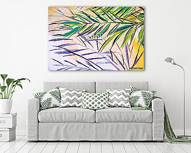 Details of acrylic paintings showing colour, textures and techniques.  Expressionistic palm tree foliage and a sandy beach backg (vászonkép) - vászonkép, falikép otthonra és irodába