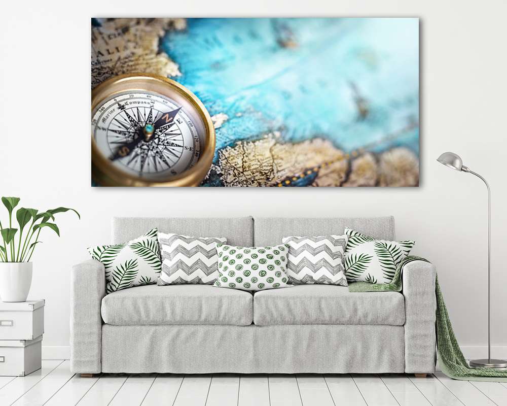 Iránytű egy régi térképen, türkiz tengerrel (fotótapéta) - vászonkép, falikép otthonra és irodába