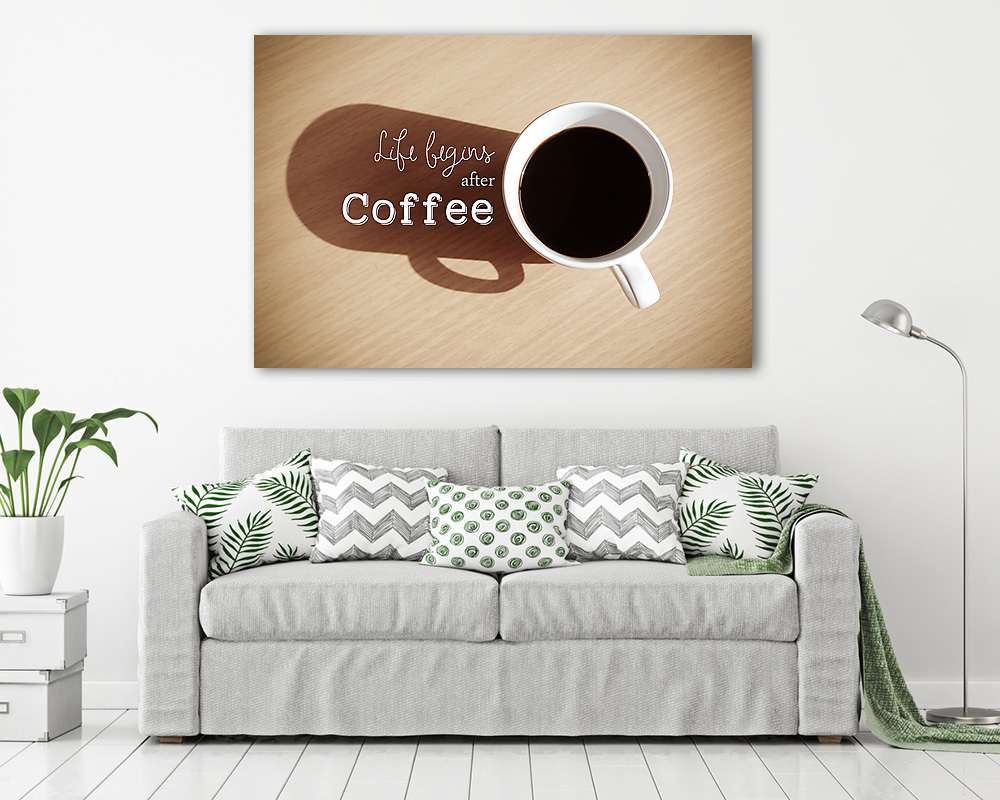 Idézet a kávéscsészével a fa háttérén (bögre) - vászonkép, falikép otthonra és irodába