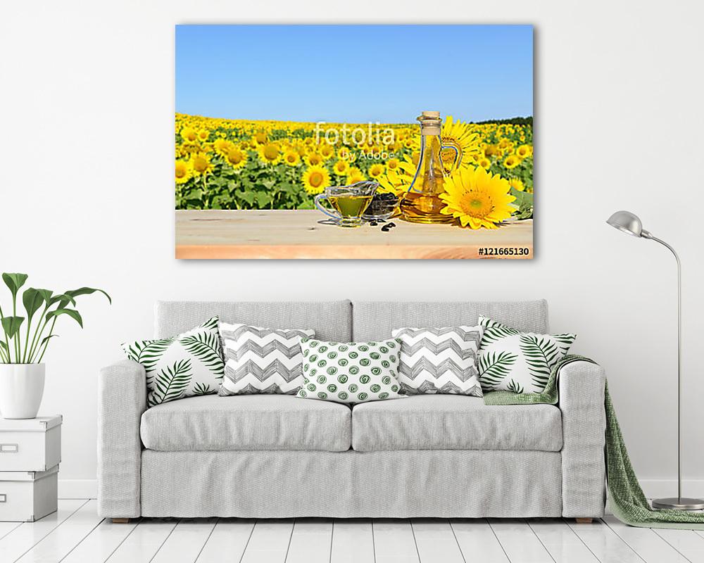 Napraforgók, magvak és napraforgóolaj. A háttérben egy o - vászonkép, falikép vásárlás Napraforgók, magvak és napraforgóolaj. A háttérben egy o (poszter) - vászonkép, falikép otthonra és irodába