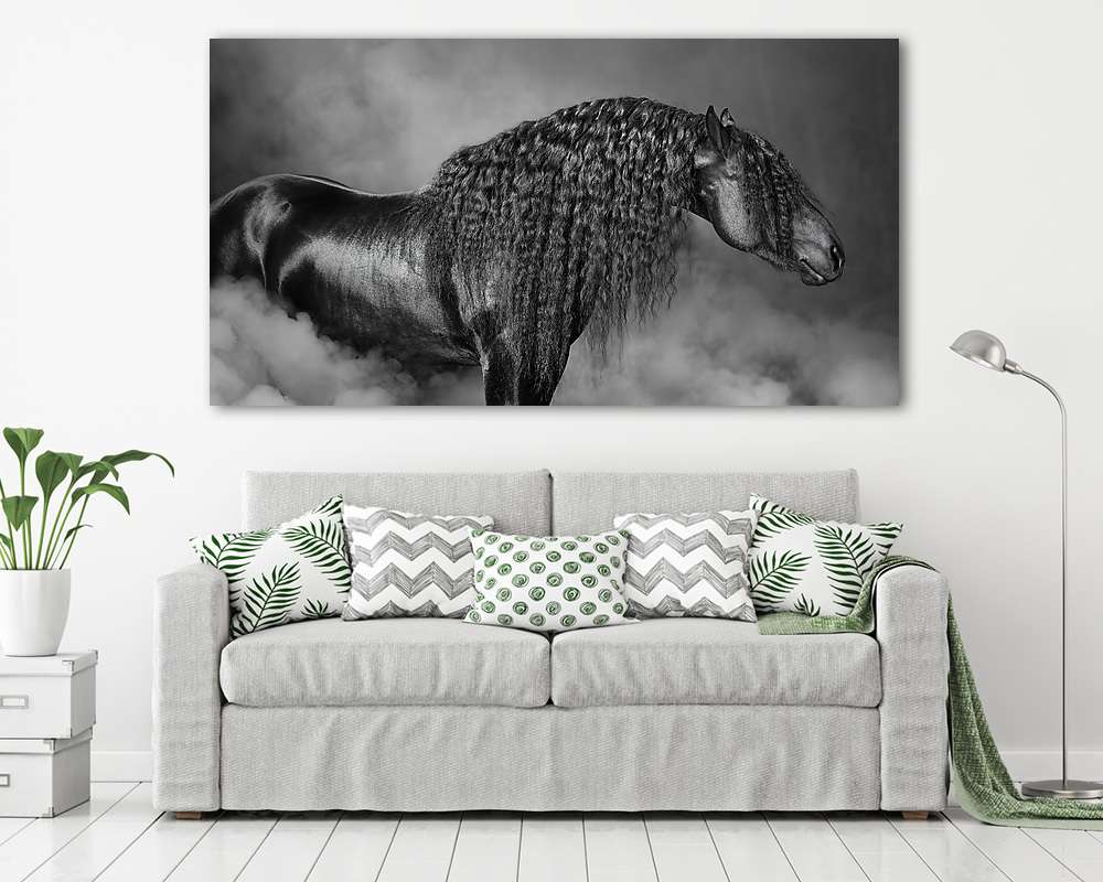 portré fekete fríz lovas hosszú sörény a füst - vászonkép, falikép vásárlás portré fekete fríz lovas hosszú sörény a füst (vászonkép) - vászonkép, falikép otthonra és irodába