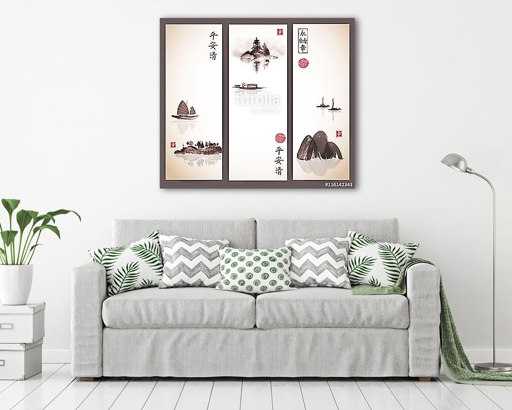 Bannerek halászhajókkal és szigetekkel vintage stílusban. tradit (keretezett kép) - vászonkép, falikép otthonra és irodába