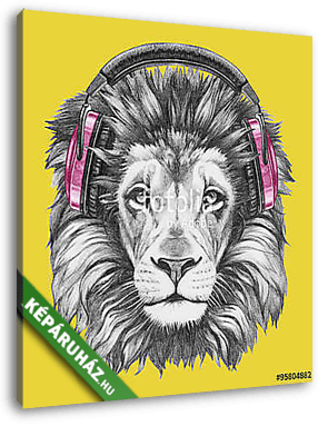 Portrait of Lion with headphones. Hand drawn illustration. - vászonkép 3D látványterv