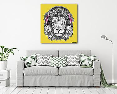Portrait of Lion with headphones. Hand drawn illustration. (vászonkép) - vászonkép, falikép otthonra és irodába