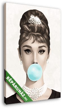 Audrey Hepburn kék rágógumit fúj, színes (3:4 arány)  - vászonkép 3D látványterv