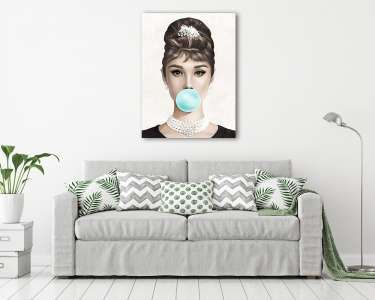 Audrey Hepburn kék rágógumit fúj, színes (3:4 arány)  (vászonkép) - vászonkép, falikép otthonra és irodába