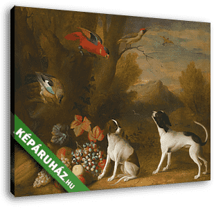 Tájkép egzotikus madarakkal és két kutyával - vászonkép 3D látványterv