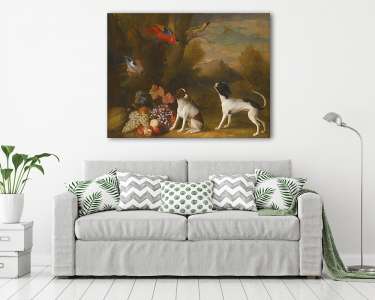 Tájkép egzotikus madarakkal és két kutyával (vászonkép) - vászonkép, falikép otthonra és irodába