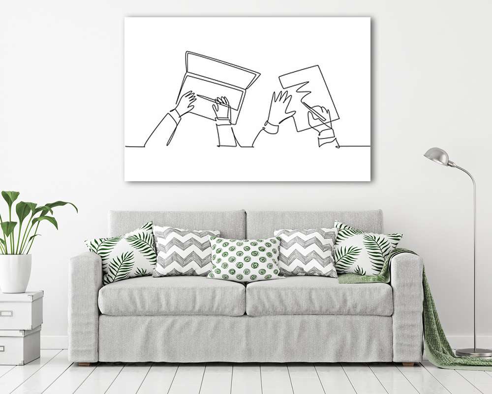 Laptop és jegyzet az asztalon kezekkel (vonalrajz, line art) - vászonkép, falikép vásárlás Laptop és jegyzet az asztalon kezekkel (vonalrajz, line art) (vászonkép) - vászonkép, falikép otthonra és irodába