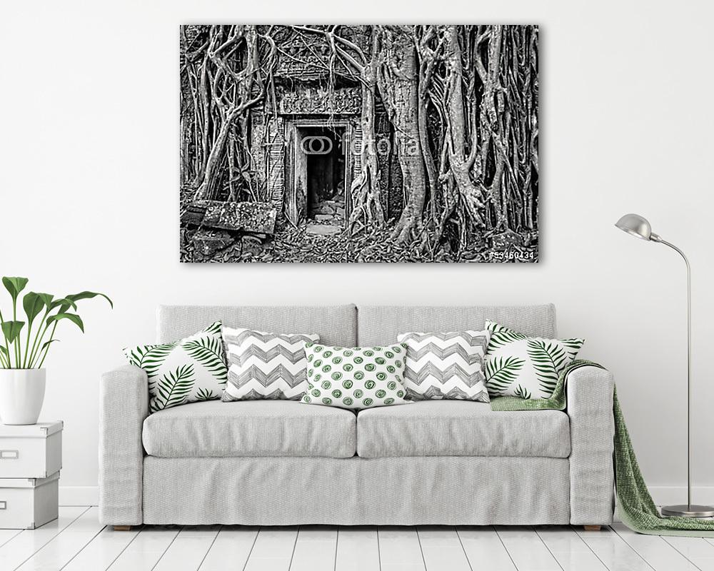 Az ókori kőből készült templomajtó és a fa gyökerei, egyszínű ki (vászonkép) - vászonkép, falikép otthonra és irodába