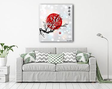 Sakura virágban és vörös napban, a japán japán japán szimbólum (vászonkép) - vászonkép, falikép otthonra és irodába