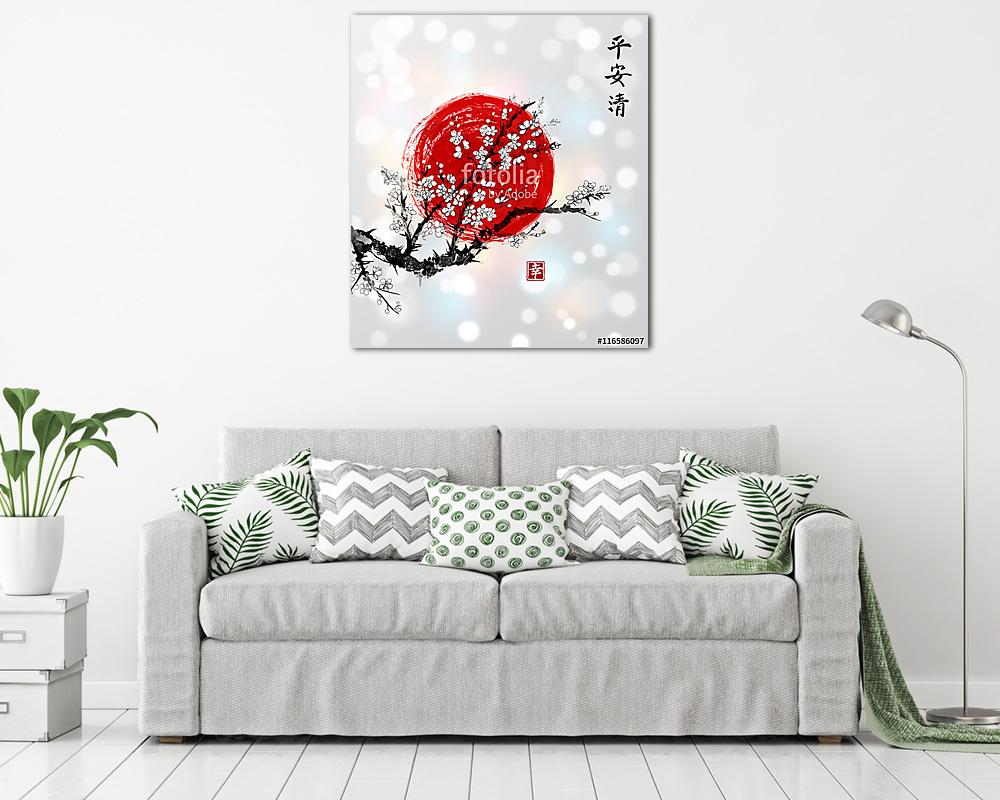 Sakura virágban és vörös napban, a japán japán japán szimbólum (vászonkép) - vászonkép, falikép otthonra és irodába