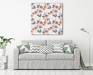 Floral seamless pattern with roses. Polka dot background (vászonkép) - vászonkép, falikép otthonra és irodába
