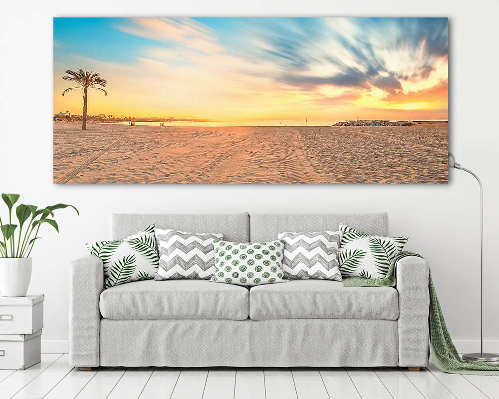 Barceloneta Beach in Barcelona at sunrise - vászonkép, falikép vásárlás Barceloneta Beach in Barcelona at sunrise (bögre) - vászonkép, falikép otthonra és irodába
