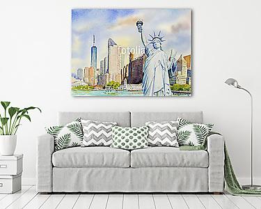 Statue Liberty  in Manhattan urban. Watercolor painting (vászonkép) - vászonkép, falikép otthonra és irodába