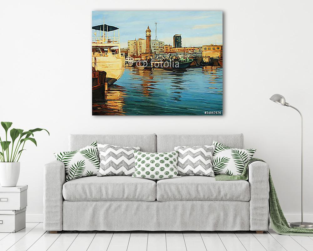 Régi barcelonai kikötő (keretezett kép) - vászonkép, falikép otthonra és irodába