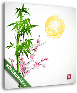 Nap, bambusz és sakura virágban. A hagyományos japán tintafájdal - vászonkép 3D látványterv