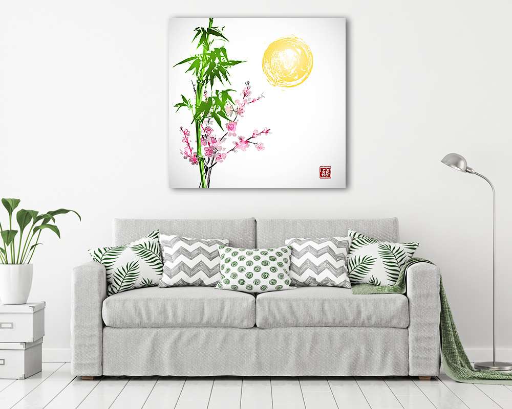 Nap, bambusz és sakura virágban. A hagyományos japán tintafájdal - vászonkép, falikép vásárlás Nap, bambusz és sakura virágban. A hagyományos japán tintafájdal (vászonkép) - vászonkép, falikép otthonra és irodába