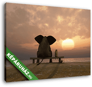 Elefánt és kutya együtt a naplamentében - vászonkép 3D látványterv