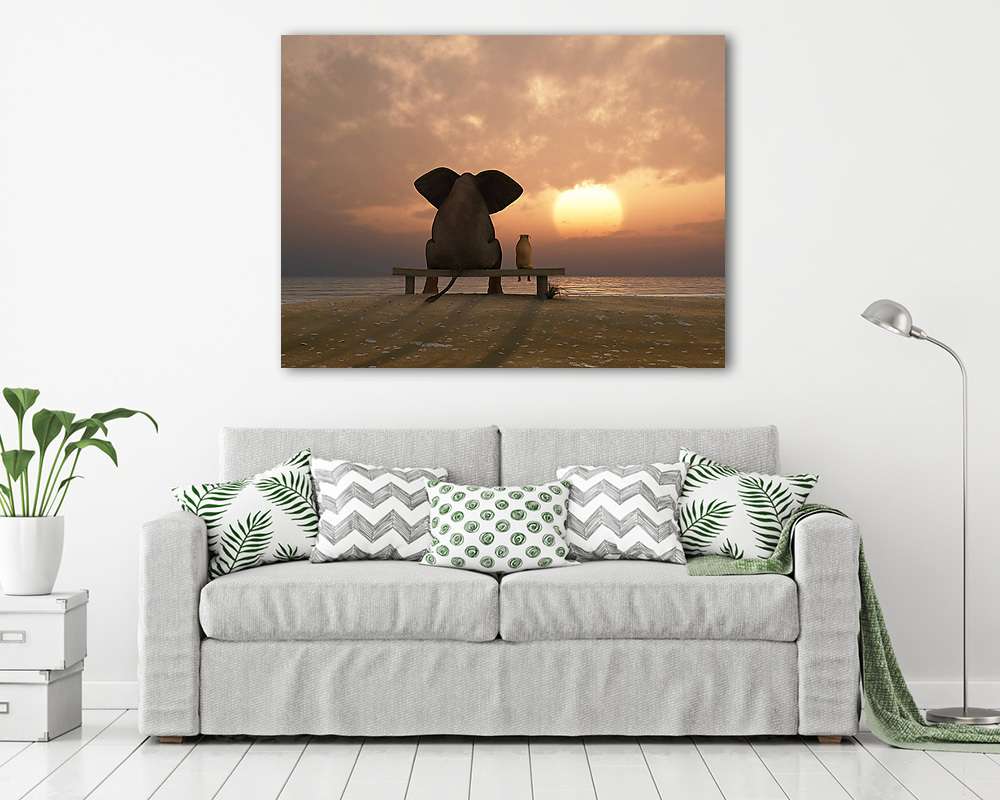 Elefánt és kutya együtt a naplamentében (keretezett kép) - vászonkép, falikép otthonra és irodába