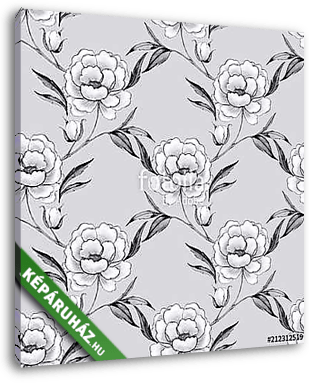 Seamless pattern with hand drawn white flowers 5. Line art peony - vászonkép 3D látványterv
