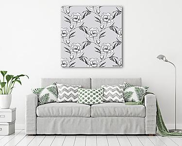 Seamless pattern with hand drawn white flowers 5. Line art peony (vászonkép) - vászonkép, falikép otthonra és irodába