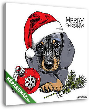 The christmas poster with the portrait of the dog Dachshund in t - vászonkép 3D látványterv