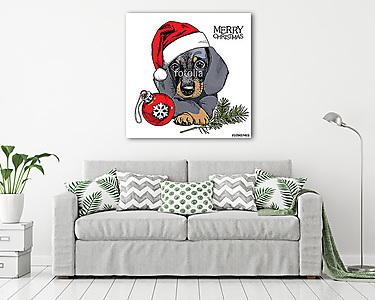 The christmas poster with the portrait of the dog Dachshund in t (vászonkép) - vászonkép, falikép otthonra és irodába