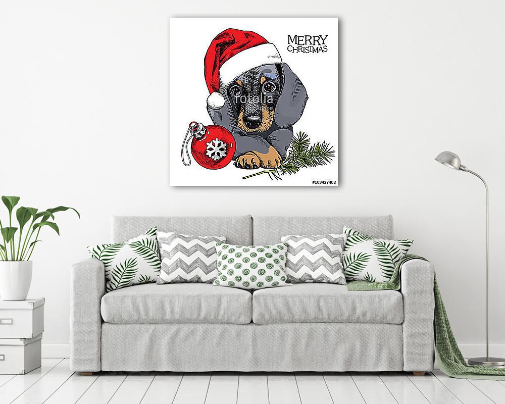 The christmas poster with the portrait of the dog Dachshund in t (vászonkép) - vászonkép, falikép otthonra és irodába