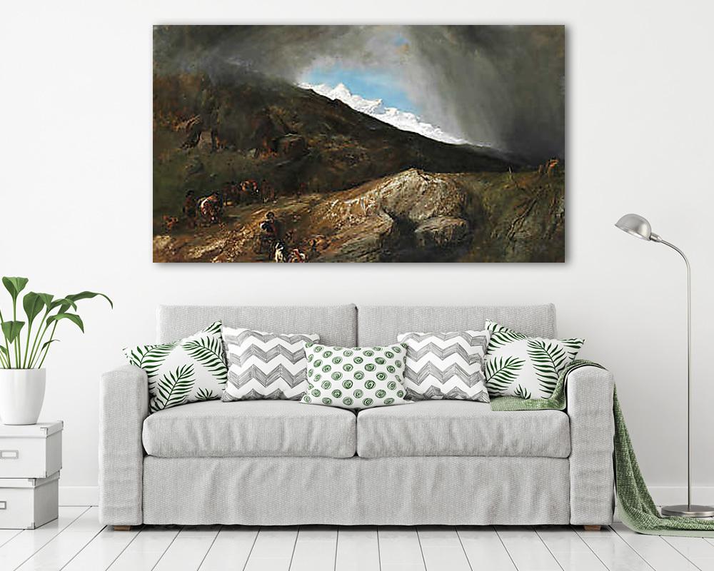 Hegyvidéki táj, vadásszal és turistákkal - vászonkép, falikép vásárlás Hegyvidéki táj, vadásszal és turistákkal (vászonkép) - vászonkép, falikép otthonra és irodába