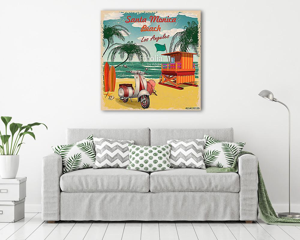 Santa Monica Beach, California retro poster. - vászonkép, falikép vásárlás Santa Monica Beach, California retro poster. (fotótapéta) - vászonkép, falikép otthonra és irodába