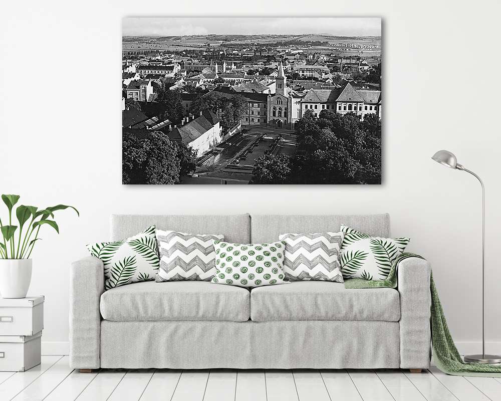 Pécsi utcakép, háttérben a  székesegyházzal (1934) (bögre) - vászonkép, falikép otthonra és irodába