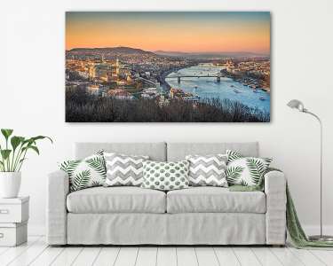 Panorámás kilátás Budapestre és a Duna partra sok hajóval  (vászonkép) - vászonkép, falikép otthonra és irodába