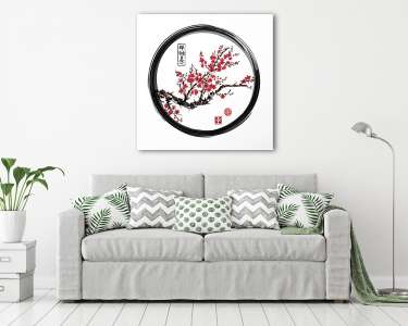 Keleti sakura cseresznyefa virágzó fekete enso zen körben  (vászonkép) - vászonkép, falikép otthonra és irodába
