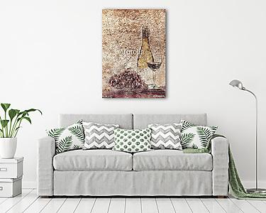 Borosüveg, egy fürt szőlővel, pohárral (vászonkép) - vászonkép, falikép otthonra és irodába