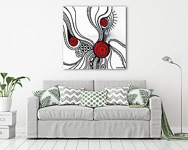 Whimsical abstract hand-drawn illustration. Black lines with red swirls.Doodle graphic art. (vászonkép) - vászonkép, falikép otthonra és irodába