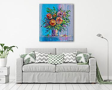 Többszínű rózsák csokorban (olajfestmény reprodukció) (vászonkép) - vászonkép, falikép otthonra és irodába