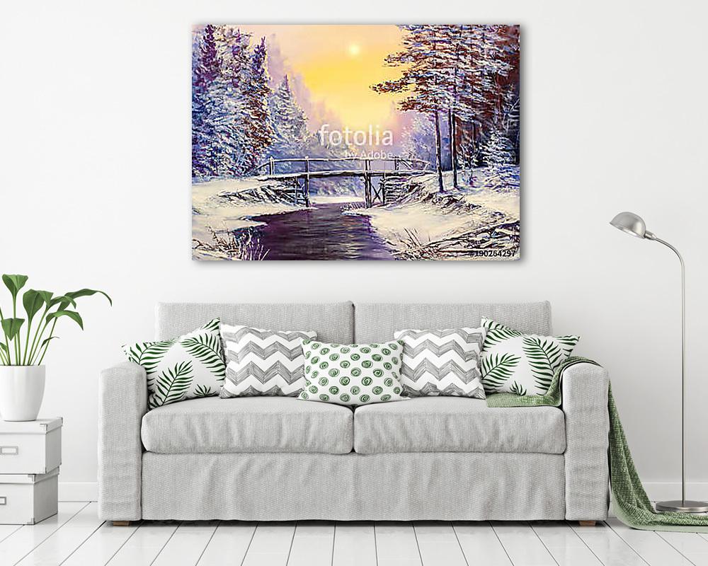 White bridge over the river, winter landscape - vászonkép, falikép vásárlás White bridge over the river, winter landscape (poszter) - vászonkép, falikép otthonra és irodába