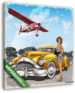 Vintage background with biplane, pin-up girl and retro car. - vászonkép 3D látványterv