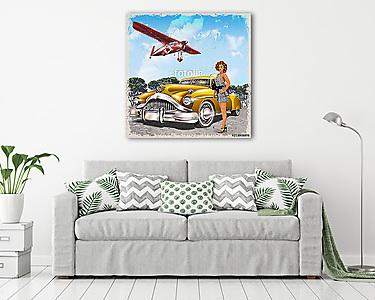 Vintage background with biplane, pin-up girl and retro car. (vászonkép) - vászonkép, falikép otthonra és irodába