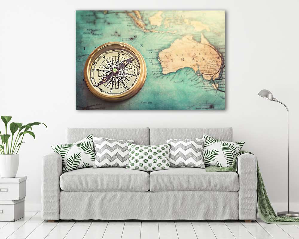Iránytű, Ausztrália elmosódott térképével a háttérben (vászonkép) - vászonkép, falikép otthonra és irodába